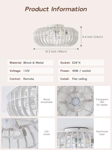 Image of Wood Caged Farmhouse Ceiling Fans with Lights for Bedroom, White, 20 inch | Flush Mount,Rustic, Remote Control, Wooden Low Profile for Living Room, Nursery