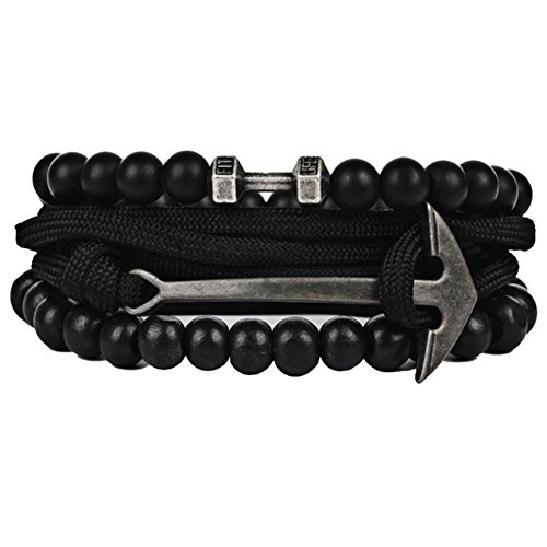 SENDIO Retro Weave Charm Barbell Black Beaded Anchor Bracelet