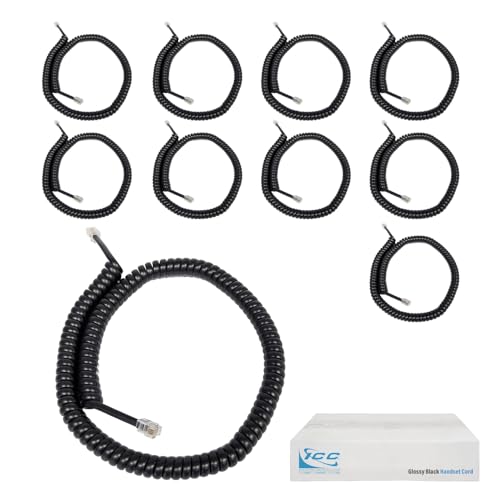 Cable de teléfono RJ22 rizado de 10 unidades negro de 12 pies para auriculares PBX tradicionales