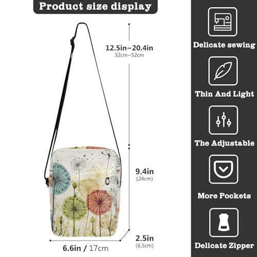 Delicate Dandelion Sling Bag Zipper Closure Crossbody Bag with Card Phone Passport Compartment 6.6×9.4×2.5 inches3