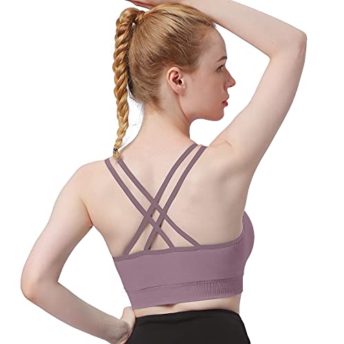 Image of WOYYHO Cross Back Sports Bra for Women Padded Medium Support Workout Bra | 3 Pack, Strappy, Removable Pads, Soft, Spaghetti Strap, Moisture-Wicking, Seamless, for Athletic Yoga Gym Fitness Daily