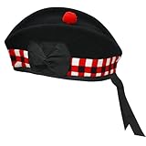 UMAM Glengarry Cap - Traditional Scottish Hat, 100% Wool, Acrylic Wool Tartan, Wool Kilts/Bagpipes Accessories, Polyester Cotton Ribbon (7 1/2(60 UK), Black & Red Diced)