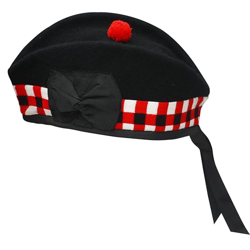UMAM Glengarry Cap - Traditional Scottish Hat, 100% Wool, Acrylic Wool Tartan, Wool Kilts/Bagpipes Accessories, Polyester Cotton Ribbon (7 1/2(60 UK), Black & Red Diced)
