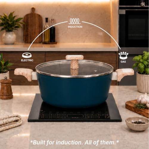 Image of Kreme Ceracook Ceramic Coated Granite 6 Pc Casserole Cookware Set, Stew Pot, Biriyani, ISI Certified, Forged Aluminium, Gas & Induction Use, PFAS & PTFE Free, 1 Yr Warranty, Ocean Deep Blue