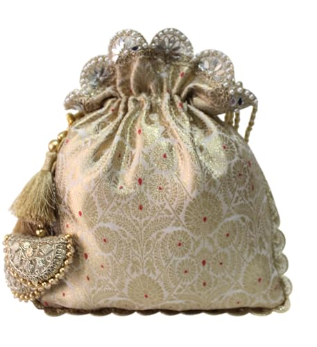 Image of MILAN'S CREATION Pure Banarasi Potli Silk Brocade Bag Purse Drawstring Women's handbag with Pearl Handle & Tassel Weddings