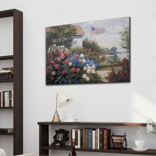 Image of Framed American Flag Cottage Rose Garden Wall Art, Patriotic Floral Canvas Art Pictures, USA Flag Wall Decor for Living Room Bedroom Bathroom, Ready to Hang Made in USA