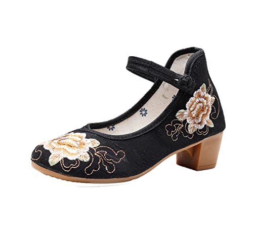 JOEupin Women Chinese Embroidered Flower Flat Bridal Mary Jane Ballet Shoes