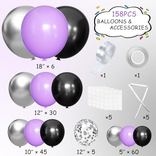 Image of MEBAY Black Purple and Silver Balloons Arch Kit, 146 Pcs Matte Black Light Purple Confetti Chrome Silver Balloons for Graduation Birthday Party Baby Shower Wedding Decorations