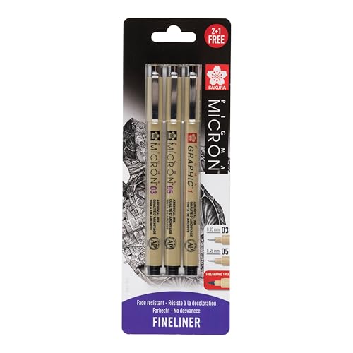 SAKURA Pigma Micron 3er Blister-Pack Gr. 03, 05 & Graphic 1, BLXSDK3CS, Schwarz, 3 Stifte