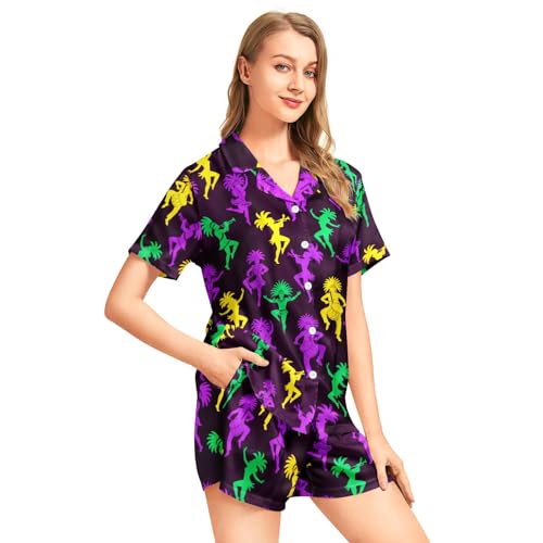Image of Funny Pajamas for Women Set Print Satin Loungewear Pjs Short Sleeve Button Down Top and Shorts Sets Sleepwear XS-3XL
