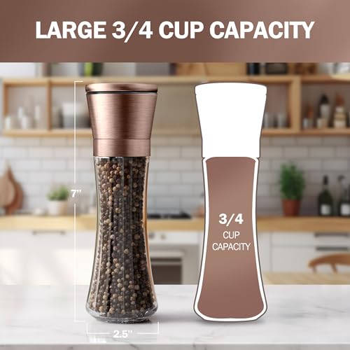 Home EC Original Copper Salt and Pepper Grinder Set of 2 - Adjustable Ceramic Grinder - Tall Glass Salt and Pepper Shakers With Funnel and Ebook - Kitchen Spice Mill - Copper Kitchen Accessories