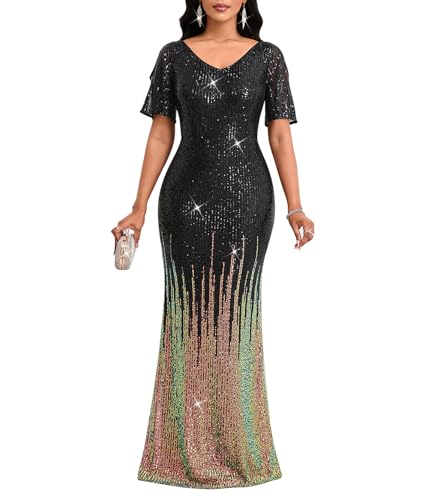 Image of Cololura Women Sexy Elegant Sequin Short Sleeve Party Bodycon Maxi Dress Cocktail Evening Gown Formal Dresses
