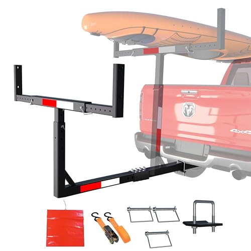 TRUSOON Upgrade Truck Bed Extender Hitch Mount 2-in-1 Adjustable Kayak Hitch Extender Heavy Duty Steel and 1000 lbs Load Capacity with Hitch Tightener Anti Rattle Stabilizer for Canoe Lumber