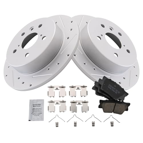 Image of TRQ Performance Rear Brake Pad and Rotor Set Ceramic Coated Drilled Slotted Compatible with 2018-2023 Toyota Camry