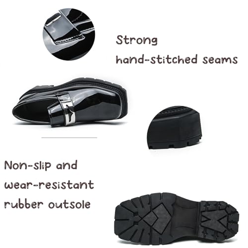 Men's Patent Leather Chunky Heel Square Toe Loafers Business Lug Sole Non-Slip Slip-On Formal Shoes for Work, Wedding, Party3
