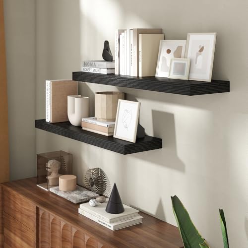 Image of 36 Inch Floating Shelves for Wall, 8 Inch Deep Floating Shelf for Storage & Display, Rustic Wall Mounted Shelf with Invisible Brackets for Living Room, Kitchen, Bathroom, Home Decor, Set of 2, Black