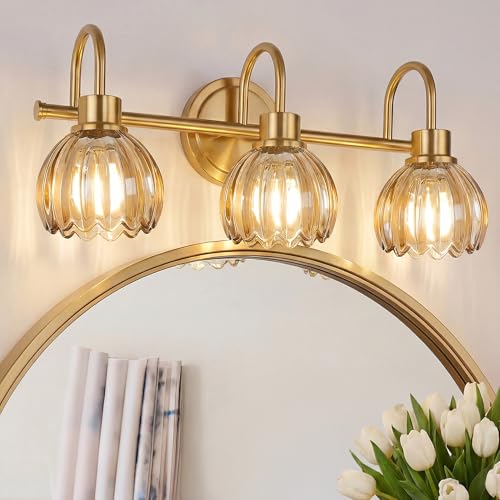 Image of 3-Light Gold Bathroom Vanity Light, Amber Tulip Glass Shade | 21 Inch Bathroom Light Fixtures Over Mirror, Modern Brass Vanity Lighting Fixtures, AD-22282-3W-GD-OR