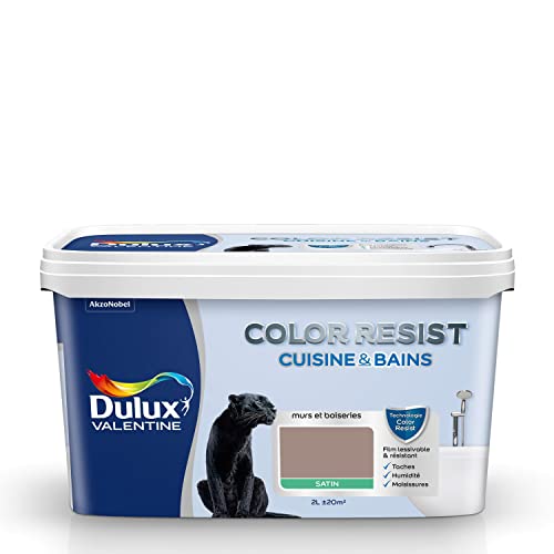 Dulux Valentine Color Resist - Peinture Intérieure Pièces Humides - Pour Murs, Plafonds, Boiseries - Lessivable et Résistante - Couleur : Taupe Satin - 2 L - 5262064