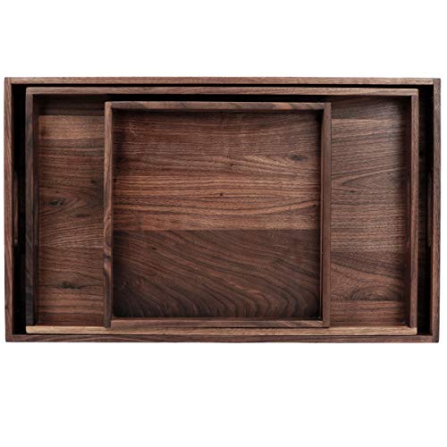 Magigo Set Of 3 Large Solid Black Walnut Wood Ottoman Tray With Handles, Serve Tea, Coffee Or Breakfast In Bed, Classic Wooden Decorative Serving Tray, L+M+S #TOP6