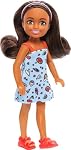 Barbie Chelsea Doll, Small Doll Wearing Removable Blue Dress with Colorful Print & Pink Shoes, Brown Hair & Green Eyes
