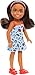 Barbie Chelsea Doll, Small Doll Wearing Removable Blue Dress with Colorful Print & Pink Shoes, Brown Hair & Green Eyes