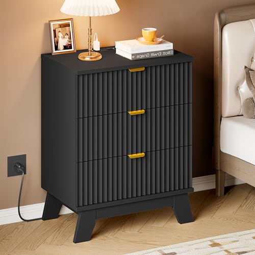 Image of BORNOON 30.5 inch Nightstand with Charging Station, 3-Drawer Fluted Bedroom Chest, Wood Bedside Dresser with Power Outlets and USB Ports, Metal Slides, Stable Base, Modern Storage Cabinet for Small Spaces