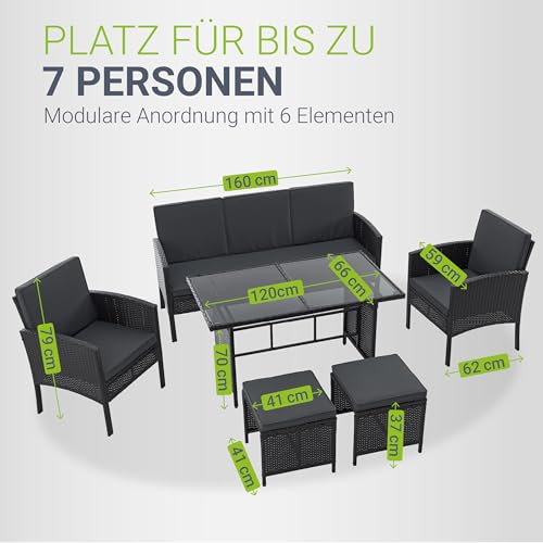 Juskys Polyrattan Gartenmöbel Sitzgruppe Turin Set 6 teilig - 7 Personen - Outdoor Möbel mit Sessel, Hocker, Tisch & Kissen - Loungemöbel Schwarz