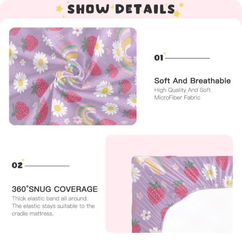 Image of Crib Sheet Breathable Soft Crib Mattress Sheet for Baby Toddler Boys Girls Fitted Crib Sheet Fit Standard Crib Mattress 39 x 27 Inch Purple Rainbow Daisy Strawberry
