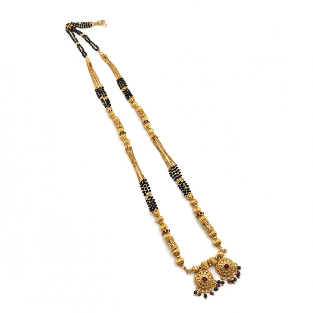 Gold Plated 34 Inch Extra Long Black Bead Lamba Vala Maharashtrian 2 Vati Designe Mani Mangalsutra