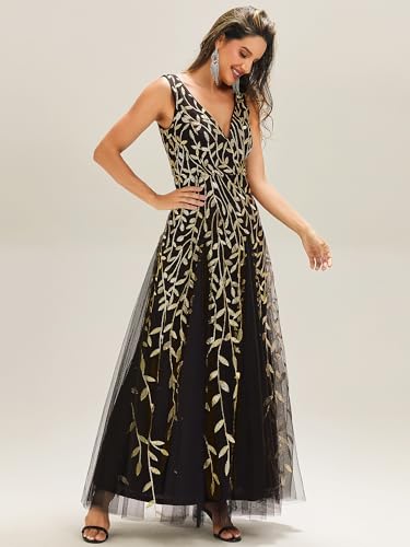 Image of Ever-Pretty Women's Prom Dresses V Neck Sleeveless Tulle Hem A-Line Sequins Maxi Ball Gowns 02130