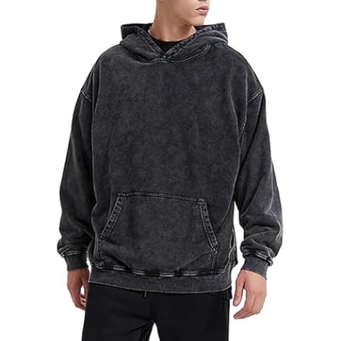 Bobeutou Oversized Hoodie Men Vintage Cotton Casual Hooded Sweatshirt Trendy Baggy Basic Hoodies Retro Pullover Streetwear (Black,XL,X-Large) Cover