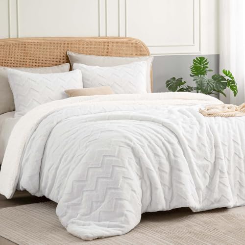 Image of BEDELITE Fluffy Sherpa King Comforter Set,White | Super Soft & Warm Fleece Bedding, Luxury Fuzzy Comforter for Winter, Heavy Plush Bedding Set,2 Pillowcases