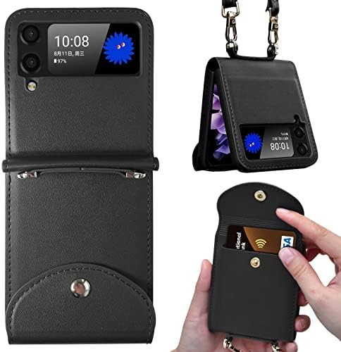 Vizvera Card Case Compatible with Samsung Galaxy Z Flip 4,Flip Card Pouch Cover Soft Leather+PC Case with Hand Holder Long Shoulder Strap for Samsung Galaxy Z Flip 4 5G 2022-Black