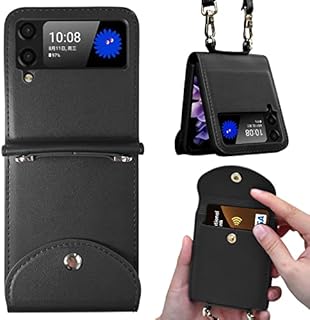 Vizvera Card Case Compatible with Samsung Galaxy Z Flip 4,Flip Card Pouch Cover Soft Leather+PC Case with Hand Holder Long Shoulder Strap for Samsung Galaxy Z Flip 4 5G 2022-Black