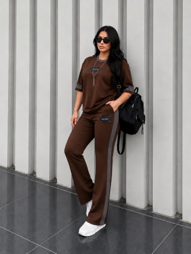 Image of Tracksuit for Women | Casual Brown Loungewear 2 Piece Set | Short Sleeve T Shirt and Wide Leg Pants with Side Stripes | Sports Jogging Co ord Matching Sweatsuit(40-N-1-4)