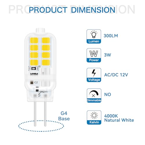 SCNNC G4 Bi Pin LED Bulb 3W 12V, 16xSMD 300LM Natural White 4000K, Not Dimmable, 25W Halogen Equivalent - Image 2
