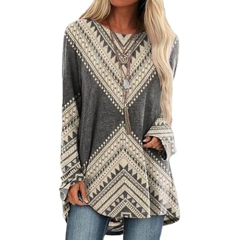 Bengbobar Pullover Western Wear For Women Aztec Printed Ethnic Style Sweatshirt Oversized Sweatshirts for Womens, Crewneck Long Sleeve Tunic Tops Casual M Aztec Print Gray-7 Cover