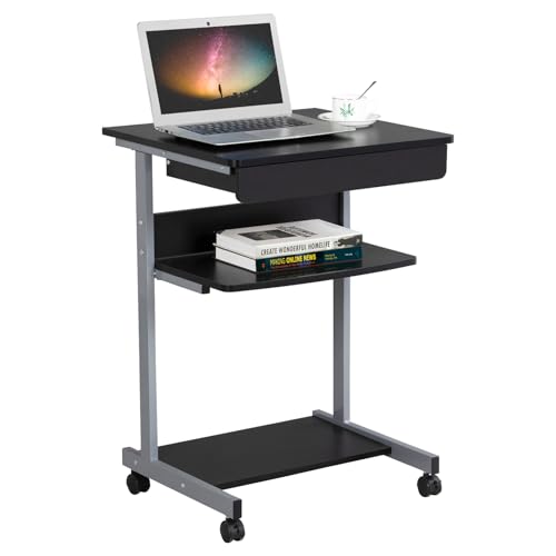 Yaheetech Mesa Ordenador con Ruedas Escritorios Ordenador Pequeña con Bandeja de Teclado Mesa Gaming con Cajón para Estudio,Espacio Límite Negro 79,5x56x51cm