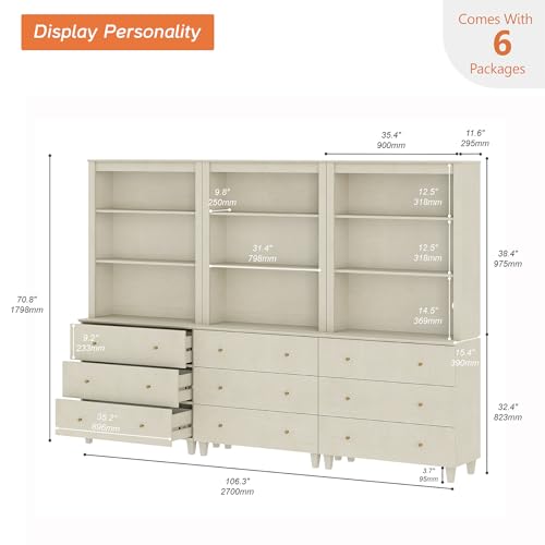 Image of WAMPAT 71 inch Tall Bookcases with 9 Drawers - 3 Column, Modern Beige Wood Bookshelves with Adjustable Shelves, 3-Tier Wide Wooden Display Bookshelf for Home Office, Living Room, Bedroom
