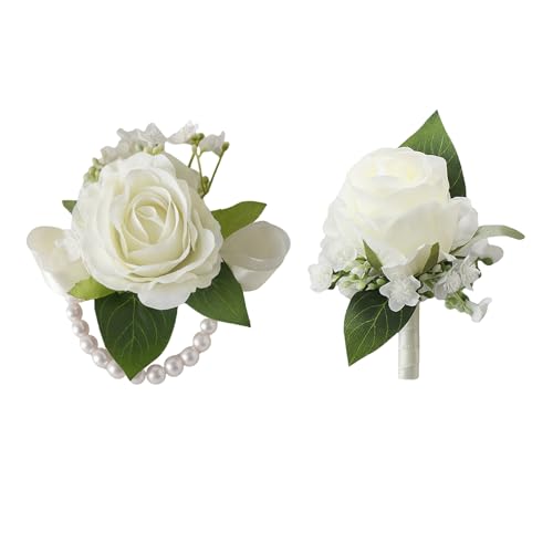 Meldel Ivory White Rose Women Wrist Corsage and Men Boutonniere Set