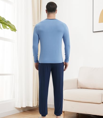 Image of NACHILA Mens Pajamas Set Long Sleeve Henley Sleepwear Top Soft Jogger Pants Pajamas Cool Pjs Set,Viscose Made from Bamboo