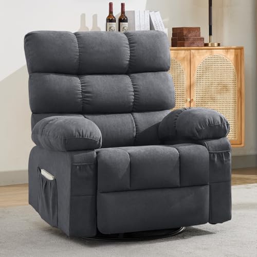 Swivel Rocker Recliner Chair for Adults, 360° Upholstered Manual Recliners for Small Spaces, Single Seat Glider Reclining Chair with Side Pockets, Ergonomic Reading Chair for Living Room, RV, Bedroom