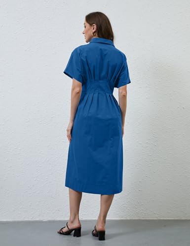 Image of MSBESYOR Women Button Front Pleated Shirt Maxi Dress Summer Striped Prints Short Sleeve Collar Casual Long Dresses