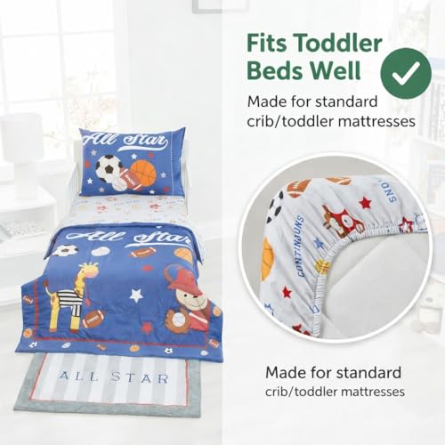 Image of EVERYDAY KIDS 4 Piece Toddler Bedding Set - Jungle Sports - Soft 100% Cotton Percale - Includes Comforter, Flat Sheet, Fitted Sheet and Reversible Pillowcase