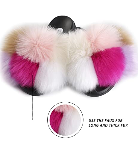 Image of Women's Faux Fur Slides, Open Toe Cute Fur Slippers, Indoor or Outdoor Comfortable Furry Slide Sandals With Fluffy Fur