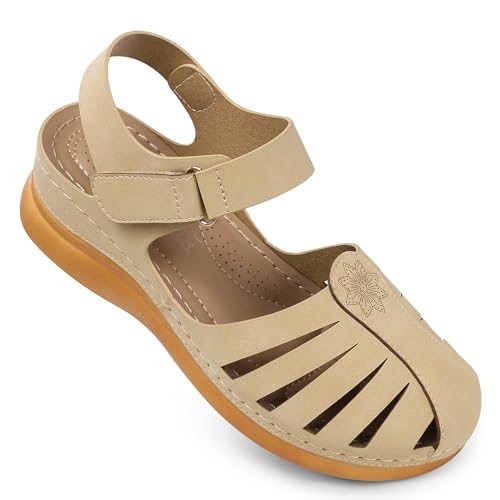 Image of SHIBEVER Women Comfortable Flat Sandals: Closed Toe Dressy Summer Sandal | Fisherman Comfortable for 8+ Hours Walking - No Ankle Rubs for All-day Commutes Lightweight Casual Outdoor Shoes