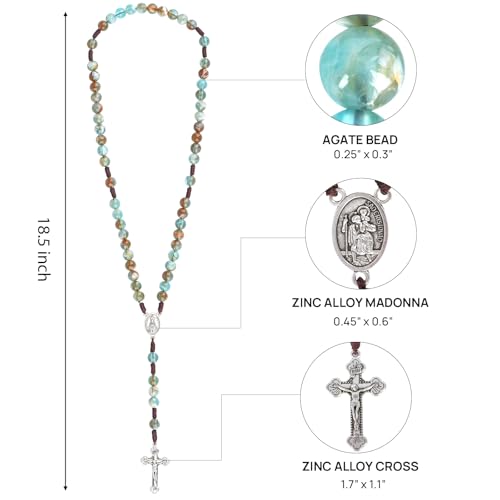10mm Rosary Beads Catholic Necklace 18.5 Inch Agate Rosary Beads Catholic Necklace for Women/Men Handmade Braided Rosaries with Curcifix Cross and Holy Mary Medal(Green)2