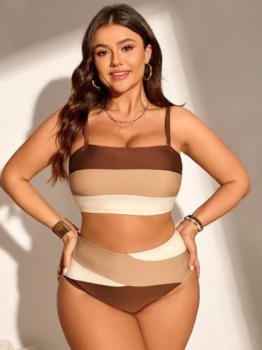 Verdusa Women's 2 Piece Plus Size High Waisted Bikini Sets Patchwork Full Coverage Bahting Suits4