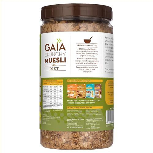 Image of GAIA Crunchy Diet Muesli - Low-Calorie, Protein Rich, High-Fiber Muesli Cereal Serves As A Healthy And Nutritious Breakfast Option With Zero Added Sugar. 1Kg Jar Pack - No Added Flavor