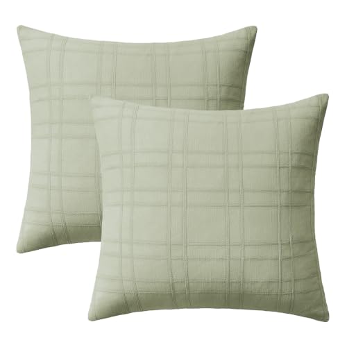Image of MIULEE Decorative Linen Check Throw Pillow Covers Neutral Farmhouse Vintage Pillow Covers 20x20 Set of 2 Boho Modern Home Decor for Sofa Couch Bedroom Cushion Seeding Green